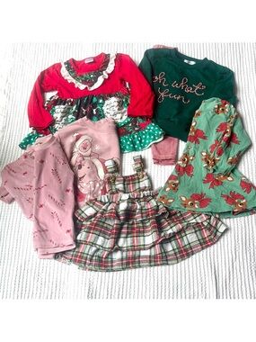 Baby Girl Toddler 2T Christmas Lot 7pc Long Sleeve Dress Tops + 3T Holiday Pjs